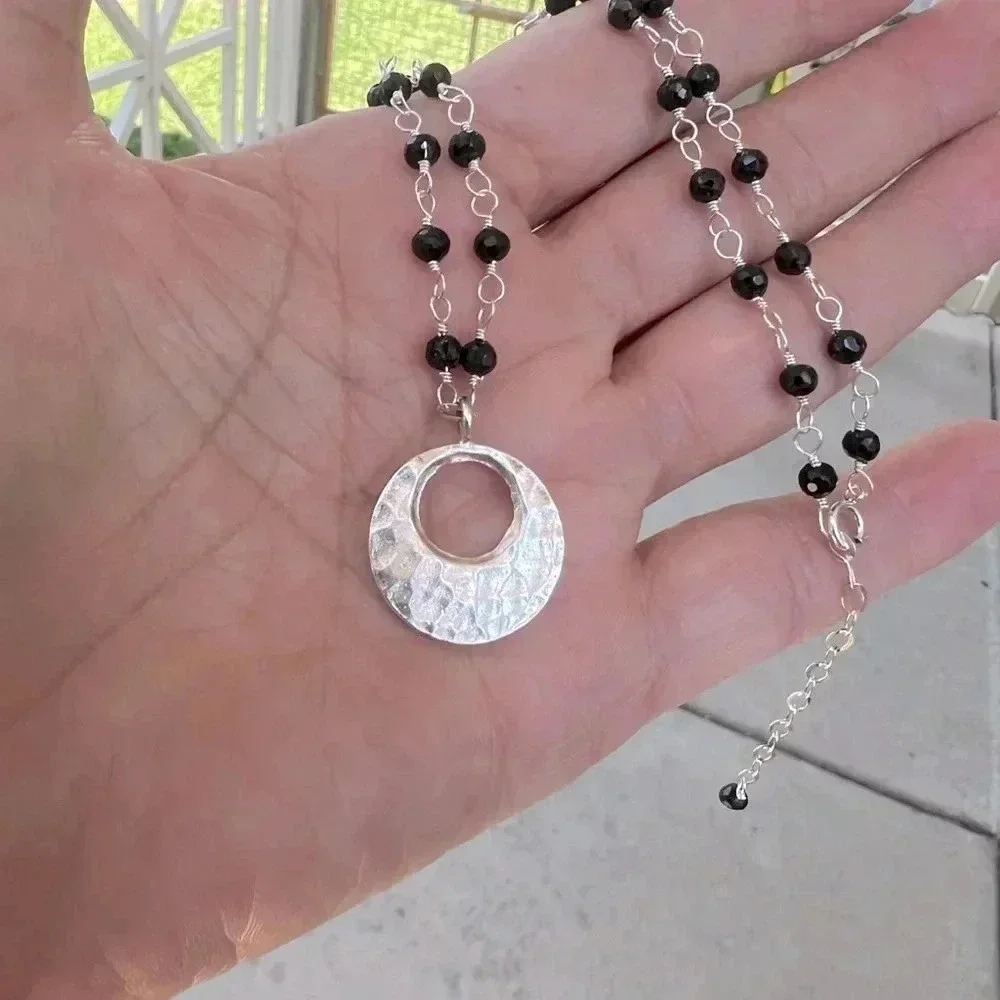 Black Spinel Necklace,Hill Tribe Silver,Hammered Disc Hoop - Picture 1 of 2